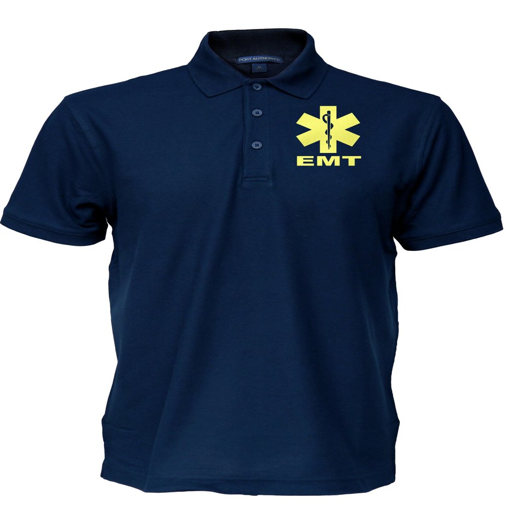 EMT Polo in Navy with Yellow/Reflective Logos on Left Chest and Back, Easy Care Polo in Pique Fabric.