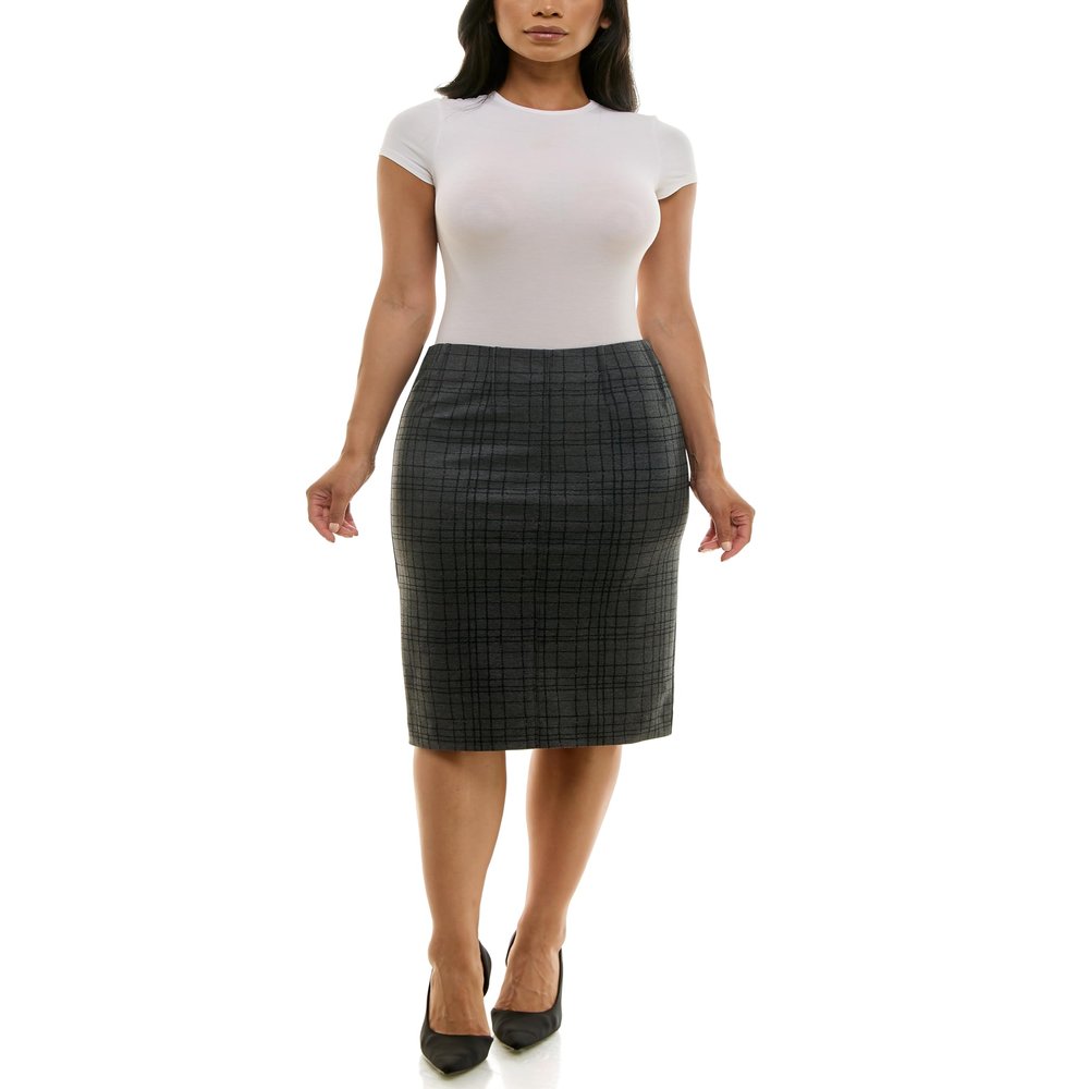 Zac & Rachel Women's Pull On Compression Ponte Skirt with Pintucking and Front Seam, Grey/Black Scratch Plaid, XL