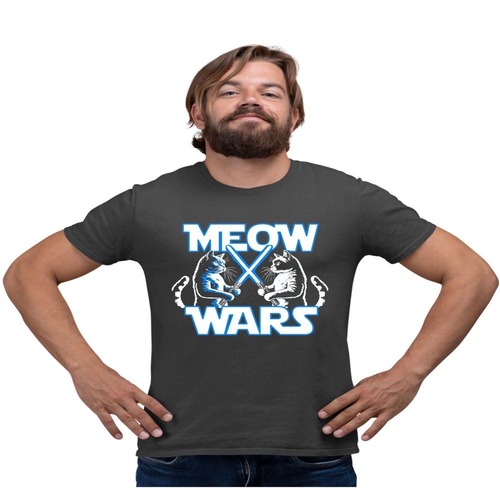 5X-Large Heather Black Mens Meow Wars Funny Cat Light Saber Battle T-Shirt