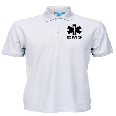 EMS Polo in White with Black/Reflective Logos on Left Chest and Back, Easy Care Polo in Pique Fabric.