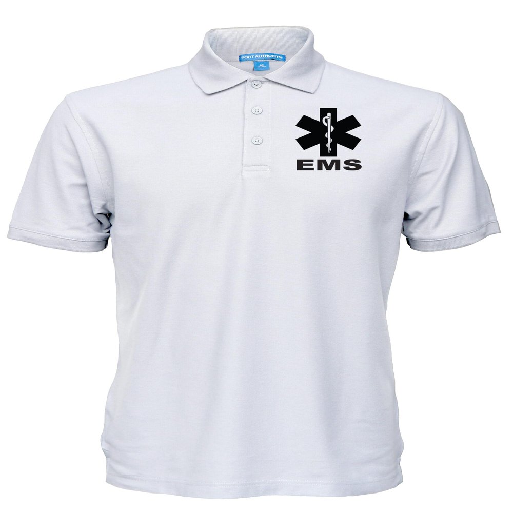 EMS Polo in White with Black/Reflective Logos on Left Chest and Back, Easy Care Polo in Pique Fabric.