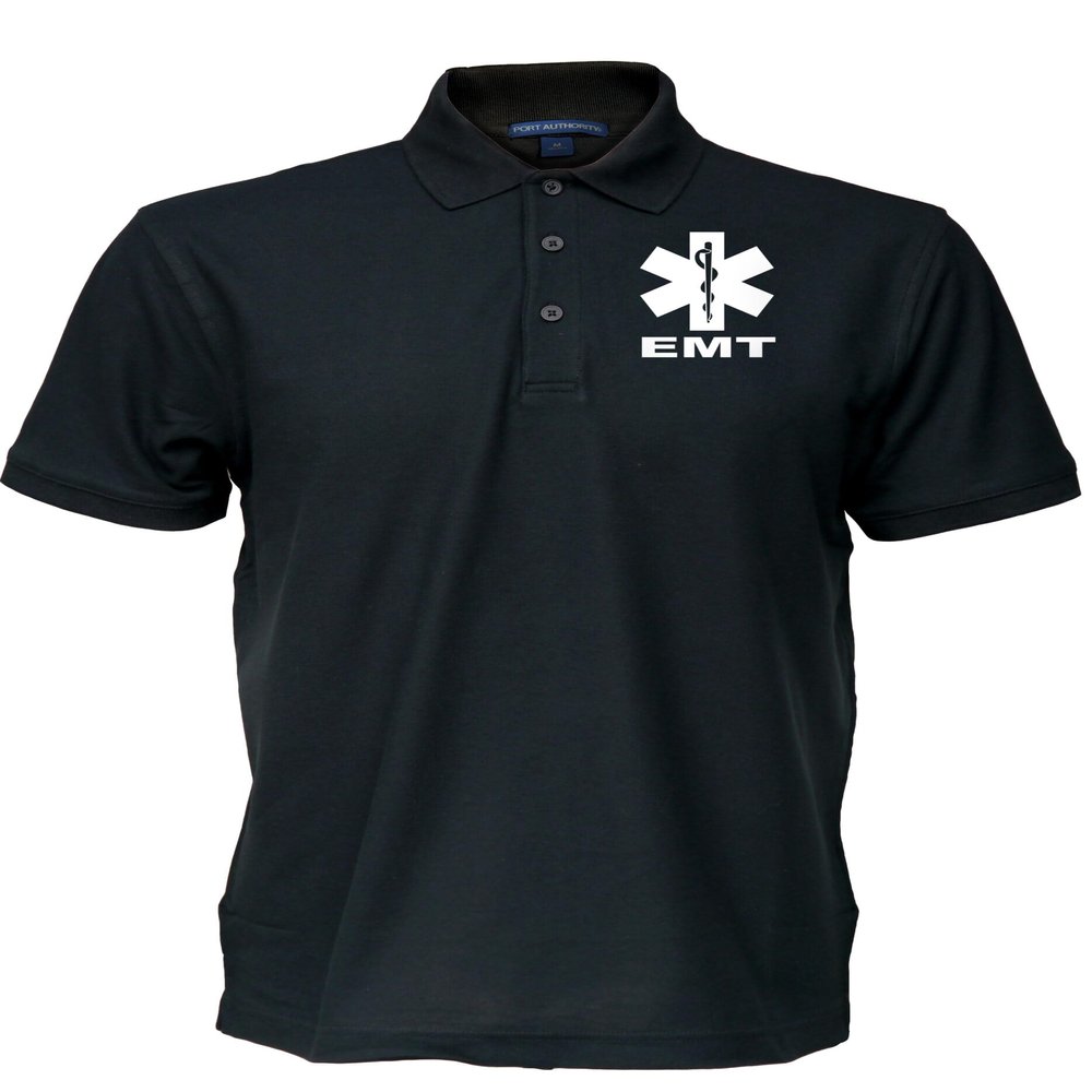 EMT Polo in Black with White/Reflective Logos on Left Chest and Back, Easy Care Polo in Pique Fabric.