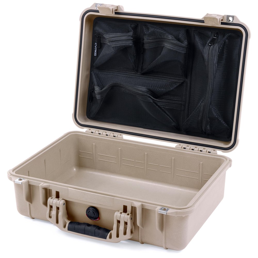 ColorCase Pelican 1500 Case Desert Tan - Medium Size Waterproof Case with Mesh Lid Organizer Only - Desert Tan Handles & Latches
