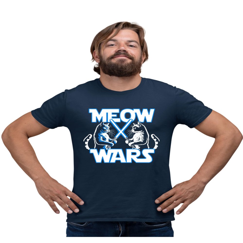 3X-Large Navy Blue Mens Meow Wars Funny Cat Light Saber Battle T-Shirt