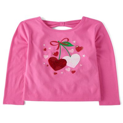 The Children's Place,Girls,Long Sleeve Graphic Top with Back Detail,Cherry Hearts,Small