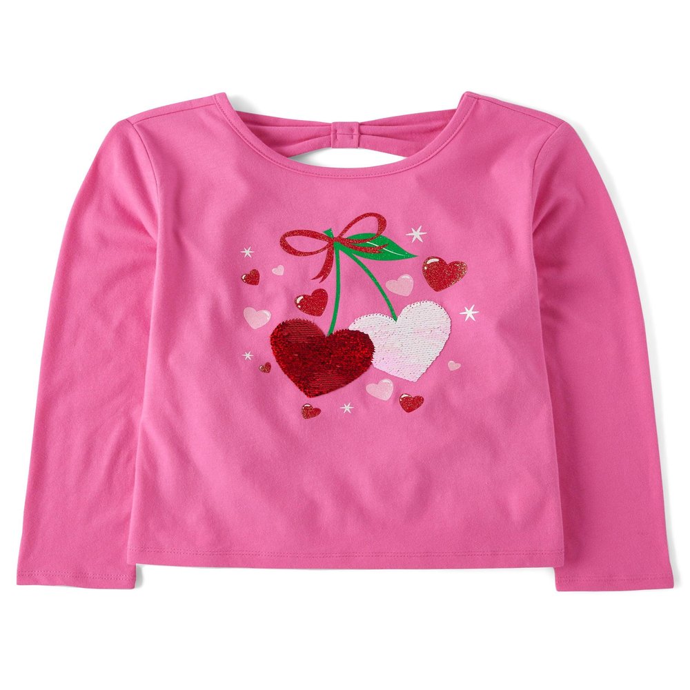 The Children's Place,Girls,Long Sleeve Graphic Top with Back Detail,Cherry Hearts,Small