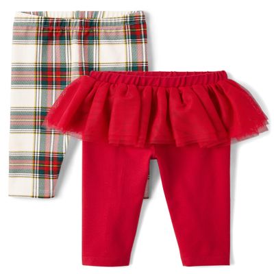 The Children's Place,Baby Girls,and Newborn Knit Pull On Pants,Red Tutu/White Plaid 2-Pack,Preemie