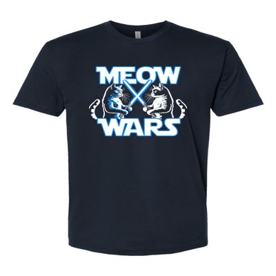 Large Navy Blue Mens Meow Wars Funny Cat Light Saber Battle Deluxe Soft T-Shirt
