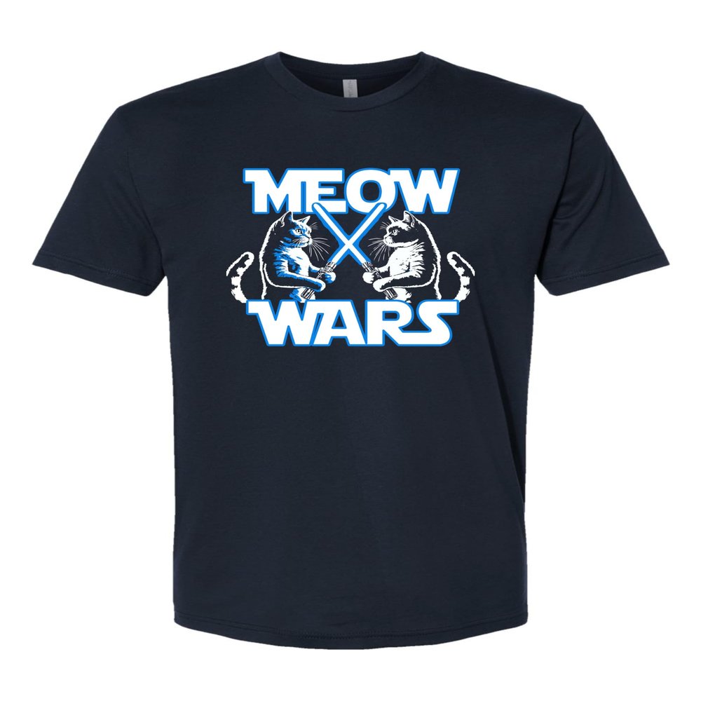 Large Navy Blue Mens Meow Wars Funny Cat Light Saber Battle Deluxe Soft T-Shirt