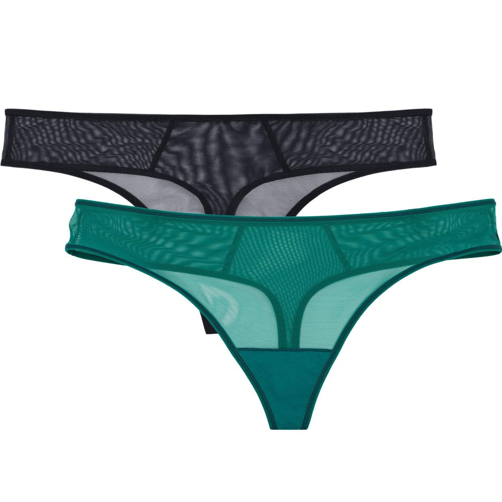 Smart & Sexy Women's Lace Trim & Mesh Panty Sexy Thongs & Cheeky Bikinis 2 Pack Aventurine/Black Hue L