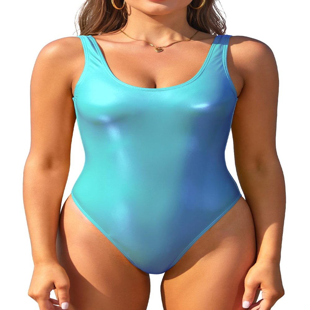 SHEKINI Women's Metallic Shiny Bathing Suit Scoop Neck Backless One Piece Swimsuits(Neon Blue, X-Large)