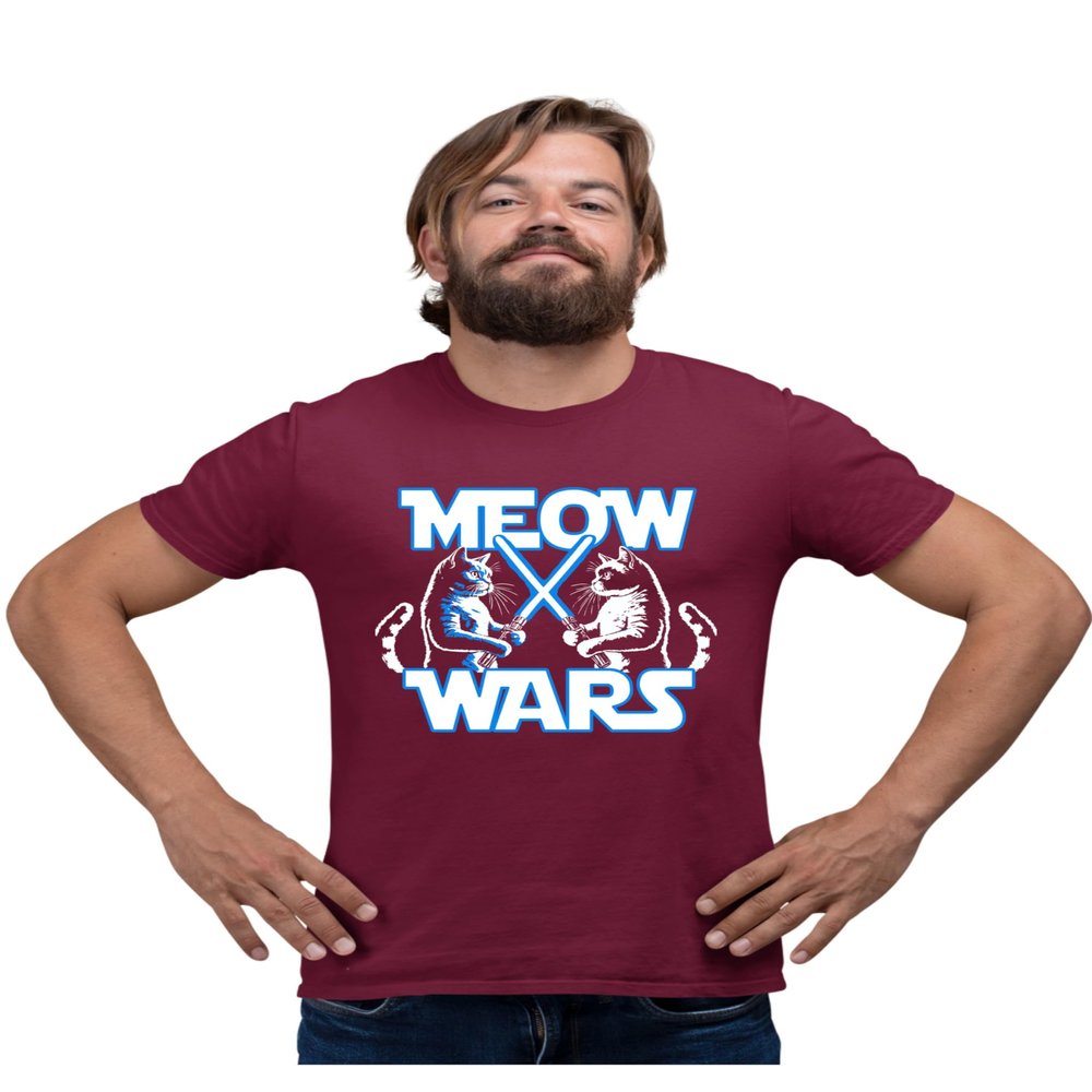 3X-Large Maroon Mens Meow Wars Funny Cat Light Saber Battle T-Shirt
