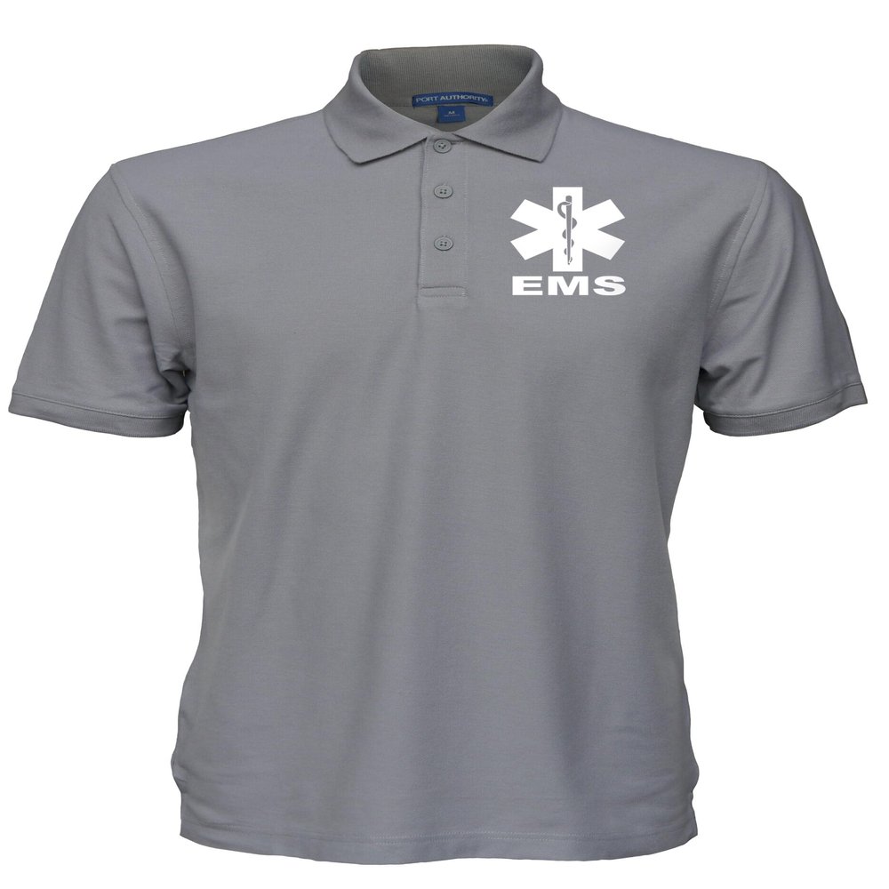 EMS Polo in Gray with White/Reflective Logos on Left Chest and Back, Easy Care Polo in Pique Fabric.