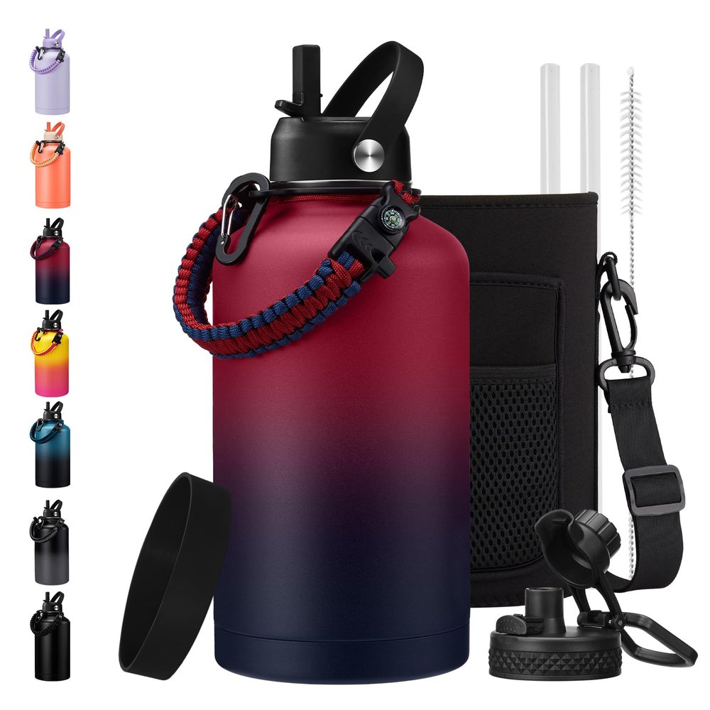 1 Gallon Insulated Water Jug with Straw - Auto Chug Lid, Bottle Carrier Bag, Paracord Handle, 128oz Stainless Steel Water Bottle Keep Hot 24H & Cold 48, Large Canteen Waters Bottles for Sports Work