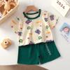 Deals of The Day Toddler Boys Summer Clothes Sweet Cartoon Prints Short Sleeve T Shirt Tops Floral Prints Cotton Shorts 2Pcs Outfit Baby Girl Outfits 12-18 Months fallGreen view 2