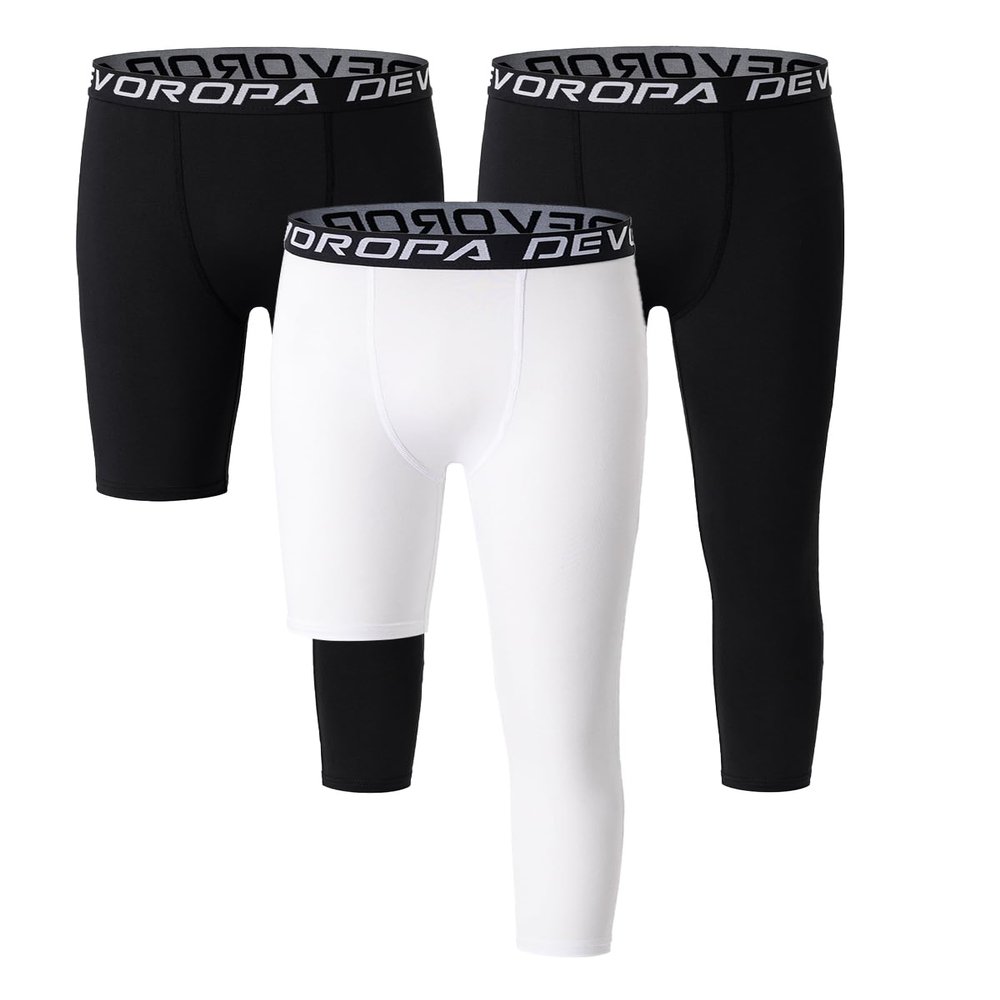 DEVOROPA Youth Boys One Leg Compression Pants for Basketball 3-Pack 3/4 Leggings Sports Tights Kids Athletic Soccer Base Layer Black/Black/White L