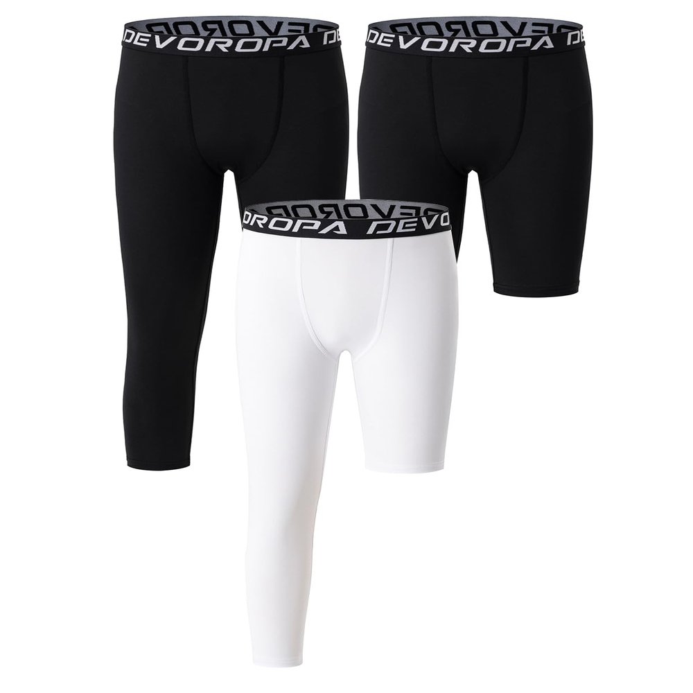 DEVOROPA Youth Boys Leggings One Leg Compression Pants 3-Pack 3/4 Basketball Sports Tights Running Capris Kids Athletic Base Layer Black/Black/White XS