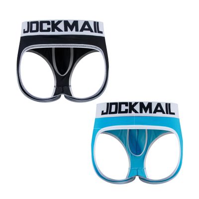 JOCKMAIL 2PCS/Pack Mens Open Back Briefs Bottomless Underwear Low Waist Mens Assless Men's Backless Briefs (US, Alpha, X-Large, Regular, Regular, Black + Blue)