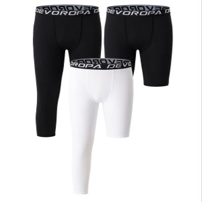 DEVOROPA Youth Boys Leggings One Leg Compression Pants 3-Pack 3/4 Basketball Sports Tights Running Capris Kids Athletic Base Layer Black/Black/White XL
