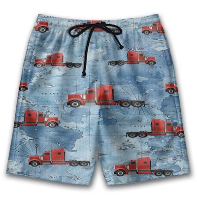 Red Truck Mens Swim Trunks - Map Hawaiian Mens Shorts - Summer Drawstring Beachwear Shorts Series 90 Size L