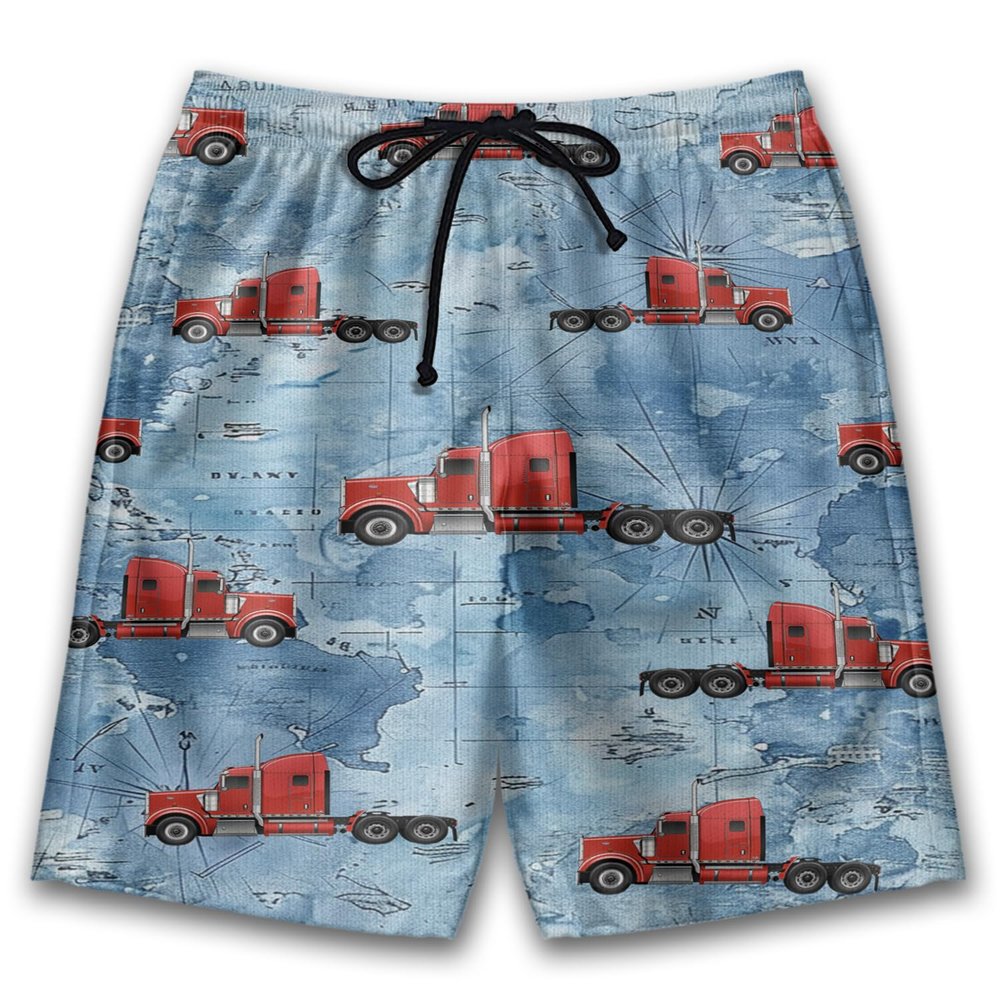 Red Truck Mens Swim Trunks - Map Hawaiian Mens Shorts - Summer Drawstring Beachwear Shorts Series 90 Size L