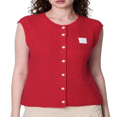 Women Chunky Button Sweater Vest Sleeveless Round Neck Ribbed Knit Tank Top Y2k Knitted Cardigan Vest Shirt(Trendy Red,L)