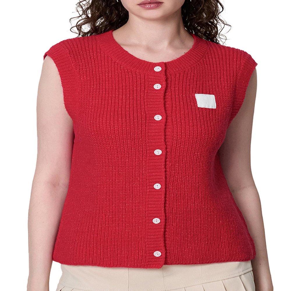Women Chunky Button Sweater Vest Sleeveless Round Neck Ribbed Knit Tank Top Y2k Knitted Cardigan Vest Shirt(Trendy Red,L)