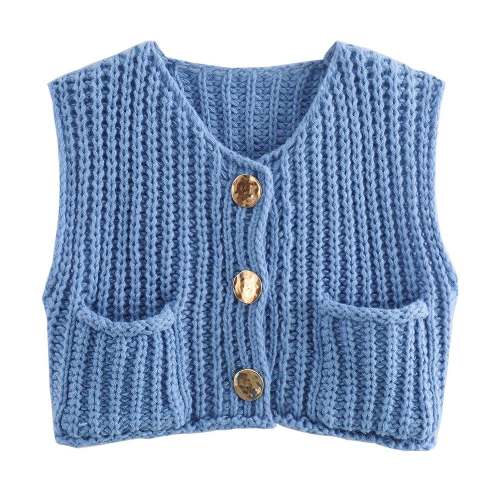Ainangua Sleeveless Cropped Cardigan for Women Casual Chunky Knit Tank Tops Button Down Open Front Sweater Vest with Pockets(Blue,M)