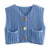 Ainangua Sleeveless Cropped Cardigan for Women Casual Chunky Knit Tank Tops Button Down Open Front Sweater Vest with Pockets(Blue,M)