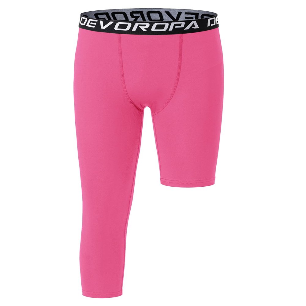 DEVOROPA Youth Boys Leggings One Leg Compression Pants 3/4 Basketball Sports Tights Running Capris Kids Athletic Base Layer Pink S