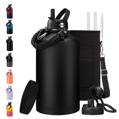 1 Gallon Water Bottle Insulated - with Straw & Auto Chug Lid, Carrier Bag, Protective Boot, Paracord Handle, Stainless Steel Water Bottle 128 oz, Large Metal One Gallon Water Jug for Travel Gym