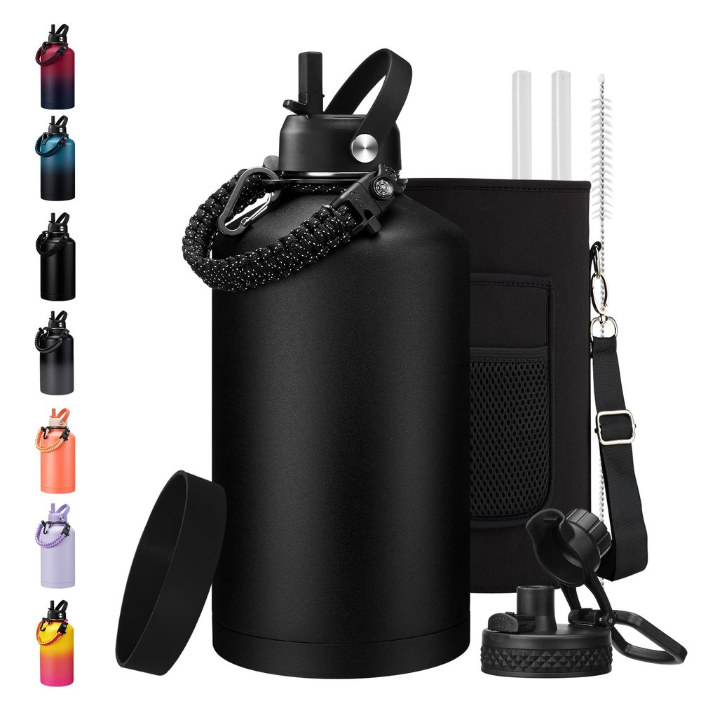 1 Gallon Water Bottle Insulated - with Straw & Auto Chug Lid, Carrier Bag, Protective Boot, Paracord Handle, Stainless Steel Water Bottle 128 oz, Large Metal One Gallon Water Jug for Travel Gym