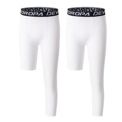DEVOROPA Youth Boys One Leg Compression Pants for Basketball 2-Pack 3/4 Leggings Sports Tights Kids Athletic Soccer Base Layer White/White L