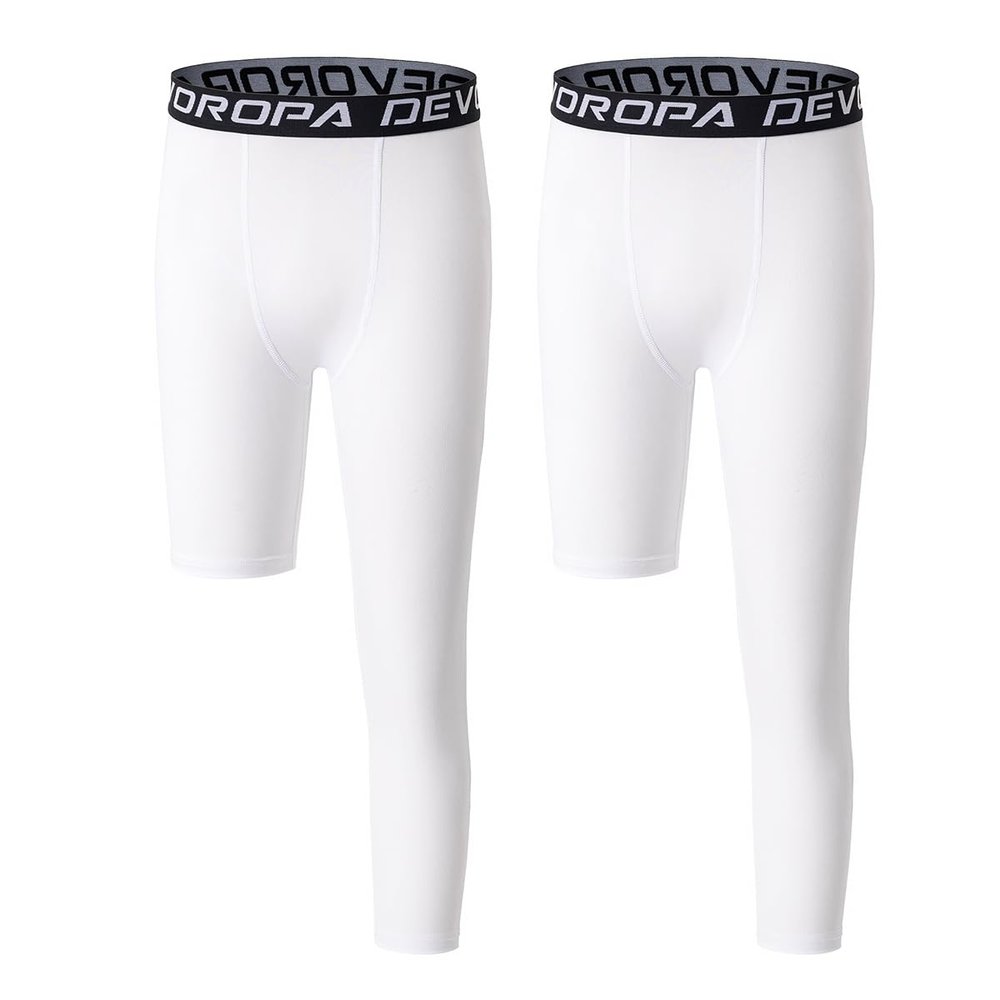 DEVOROPA Youth Boys One Leg Compression Pants for Basketball 2-Pack 3/4 Leggings Sports Tights Kids Athletic Soccer Base Layer White/White L