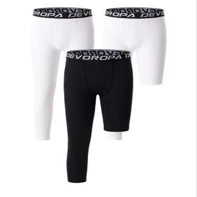 DEVOROPA Youth Boys Leggings One Leg Compression Pants 3-Pack 3/4 Basketball Sports Tights Running Capris Kids Athletic Base Layer White/White/Black L