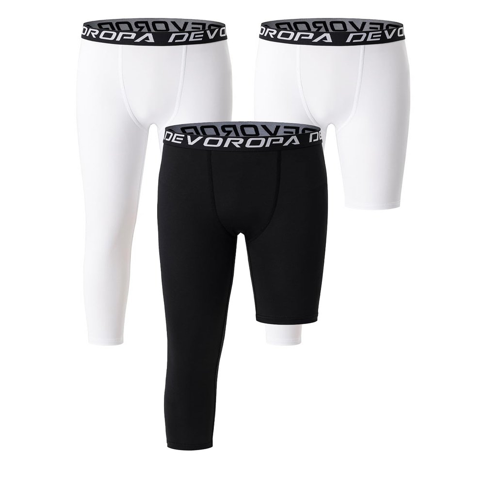 DEVOROPA Youth Boys Leggings One Leg Compression Pants 3-Pack 3/4 Basketball Sports Tights Running Capris Kids Athletic Base Layer White/White/Black L
