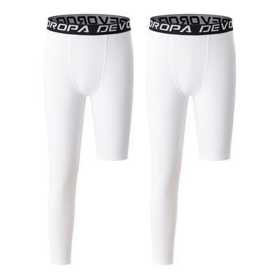 DEVOROPA Youth Boys Leggings One Leg Compression Pants 2-Pack 3/4 Basketball Sports Tights Running Capris Kids Athletic Base Layer White/White XL