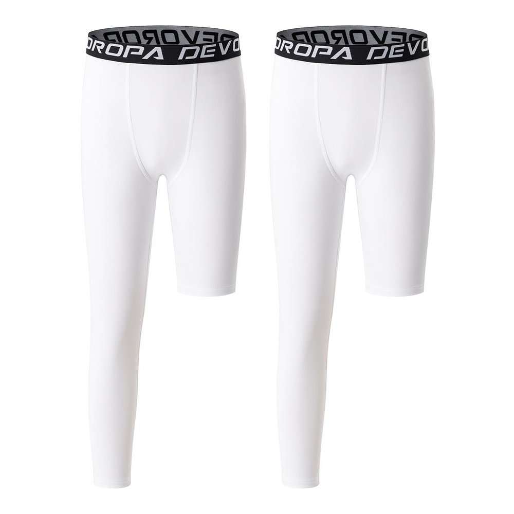 DEVOROPA Youth Boys Leggings One Leg Compression Pants 2-Pack 3/4 Basketball Sports Tights Running Capris Kids Athletic Base Layer White/White XL