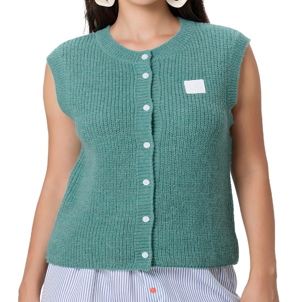 Women Chunky Button Sweater Vest Sleeveless Round Neck Ribbed Knit Tank Top Y2k Knitted Cardigan Vest Shirt(Trendy Green,M)