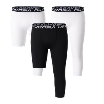 DEVOROPA Youth Boys One Leg Compression Pants for Basketball 3-Pack 3/4 Leggings Sports Tights Kids Athletic Soccer Base Layer White/White/Black M