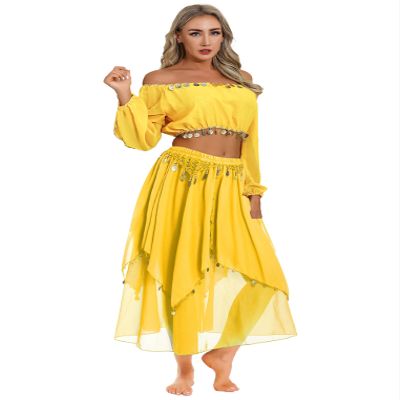 ACSUSS Women Sequin 2PCS Indian Dance Dress Belly Dance Outfits Bellydance Costumes Fancy Dress Yellow One Size