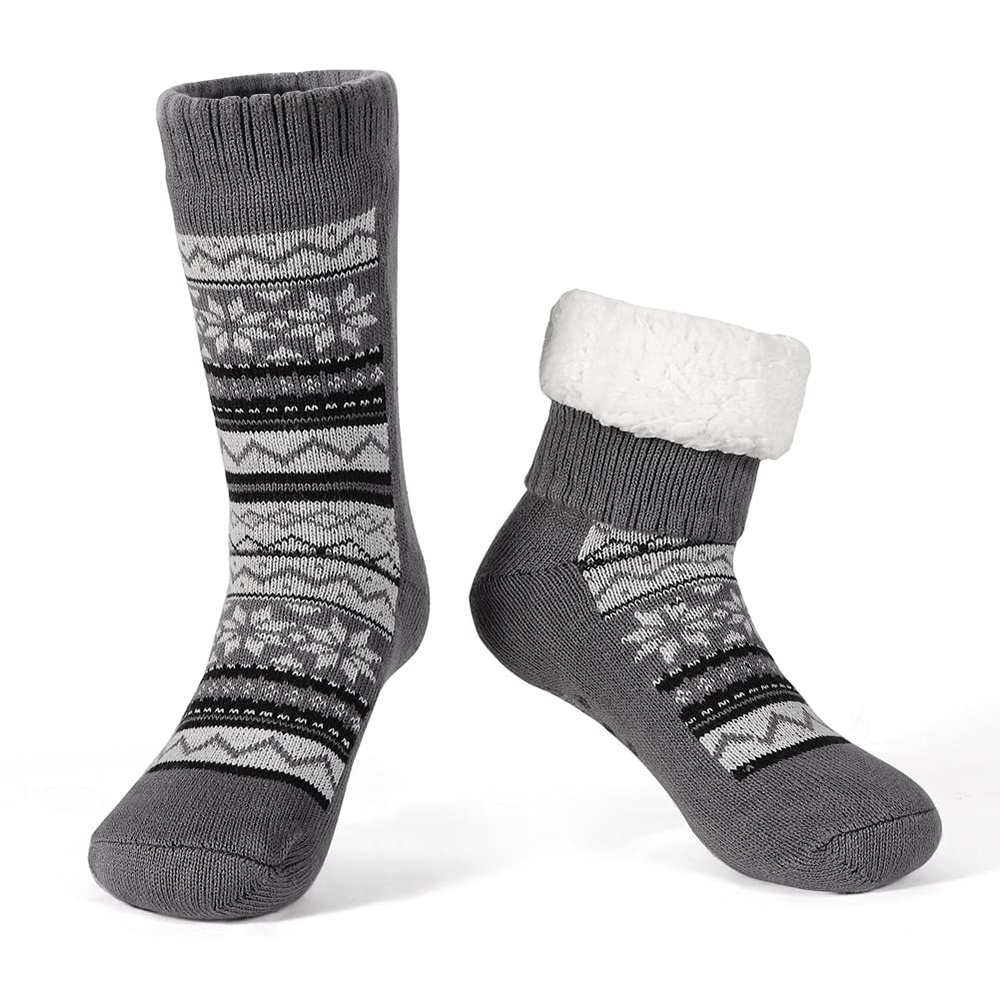 LEMZONE Men's Warm Cozy Slipper Socks with Grips, Non Slip Winter Fuzzy Fleece Lining Cabin Socks Christmas Gifts