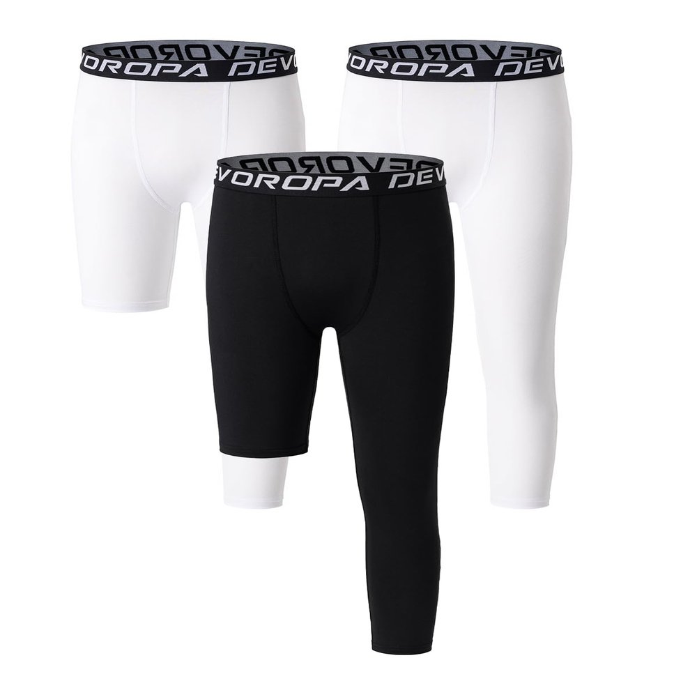DEVOROPA Youth Boys One Leg Compression Pants for Basketball 3-Pack 3/4 Leggings Sports Tights Kids Athletic Soccer Base Layer White/White/Black S