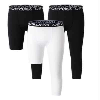 DEVOROPA Youth Boys One Leg Compression Pants for Basketball 3-Pack 3/4 Leggings Sports Tights Kids Athletic Soccer Base Layer Black/Black/White S