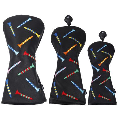 Andux PU Striped Tees Pattern 3Pack/Set Golf 460cc Driver Fairway Woods Club Head Covers (Black)
