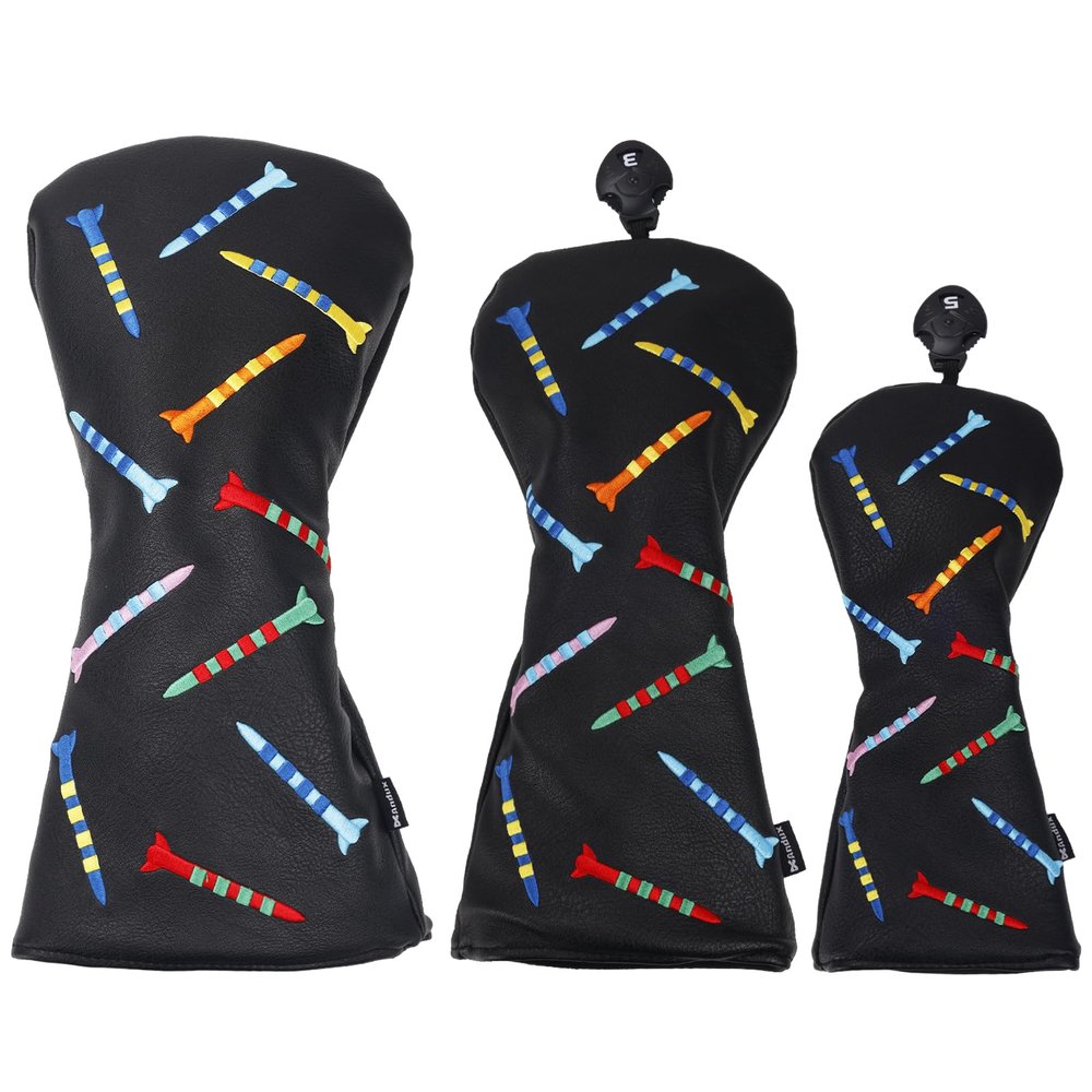 Andux PU Striped Tees Pattern 3Pack/Set Golf 460cc Driver Fairway Woods Club Head Covers (Black)