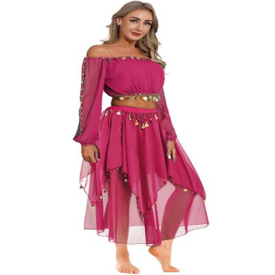 winying Belly Dance Costume for Women Long Sleeve Crop Top Bra Sequins Skirts Halloween Costume Hot Pink One Size