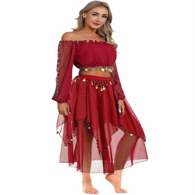 ACSUSS Women Sequin 2PCS Indian Dance Dress Belly Dance Outfits Bellydance Costumes Fancy Dress Red One Size