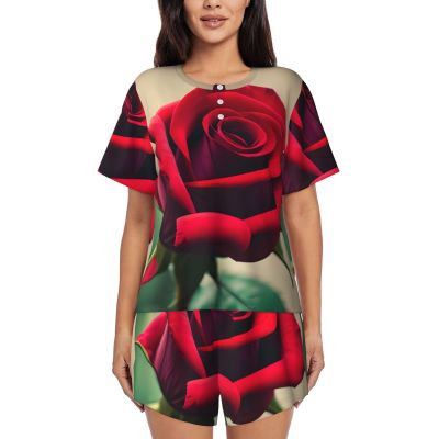 SSIMOO A Red Rose Women'S Round Neck Short Sleeve Pajama Set,Stylish Comfortable Hort Sleeve Shorts Set
