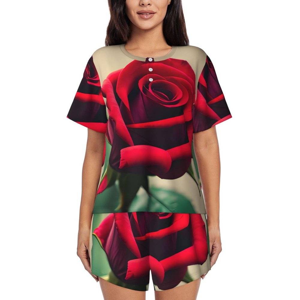 SSIMOO A Red Rose Women'S Round Neck Short Sleeve Pajama Set,Stylish Comfortable Hort Sleeve Shorts Set